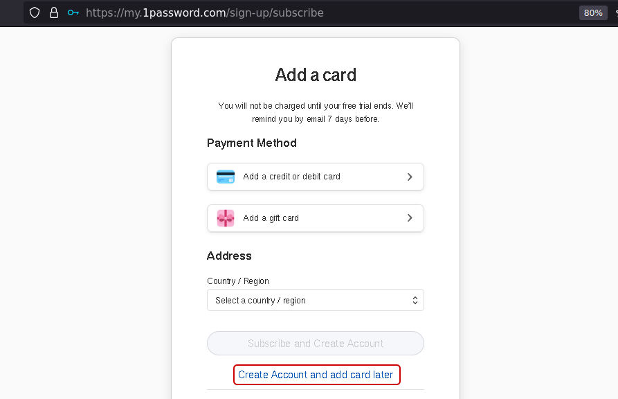 Click On Create Account And Add Card Later