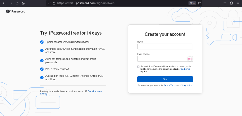 Sign Up Page Of 1Password