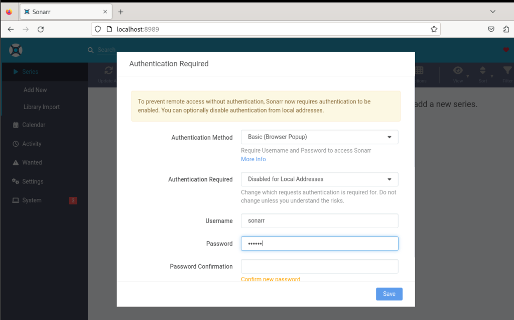 Create A Username And Password For Sonarr