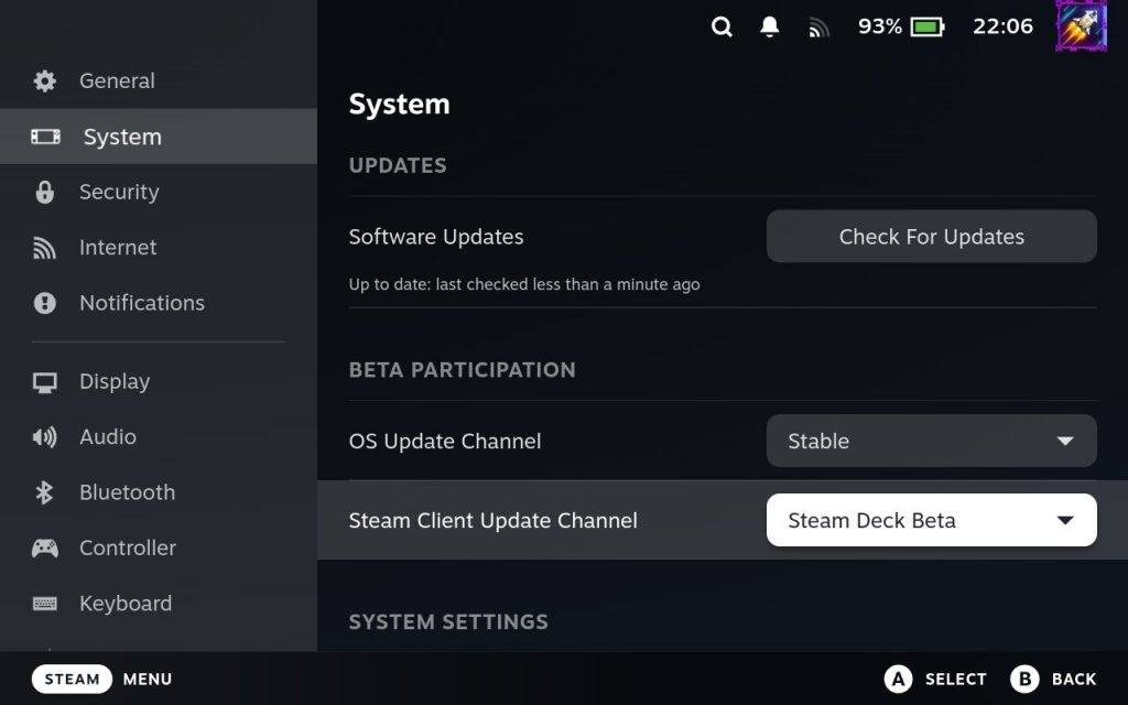 You Can Select The Update Channel For OS And Steam